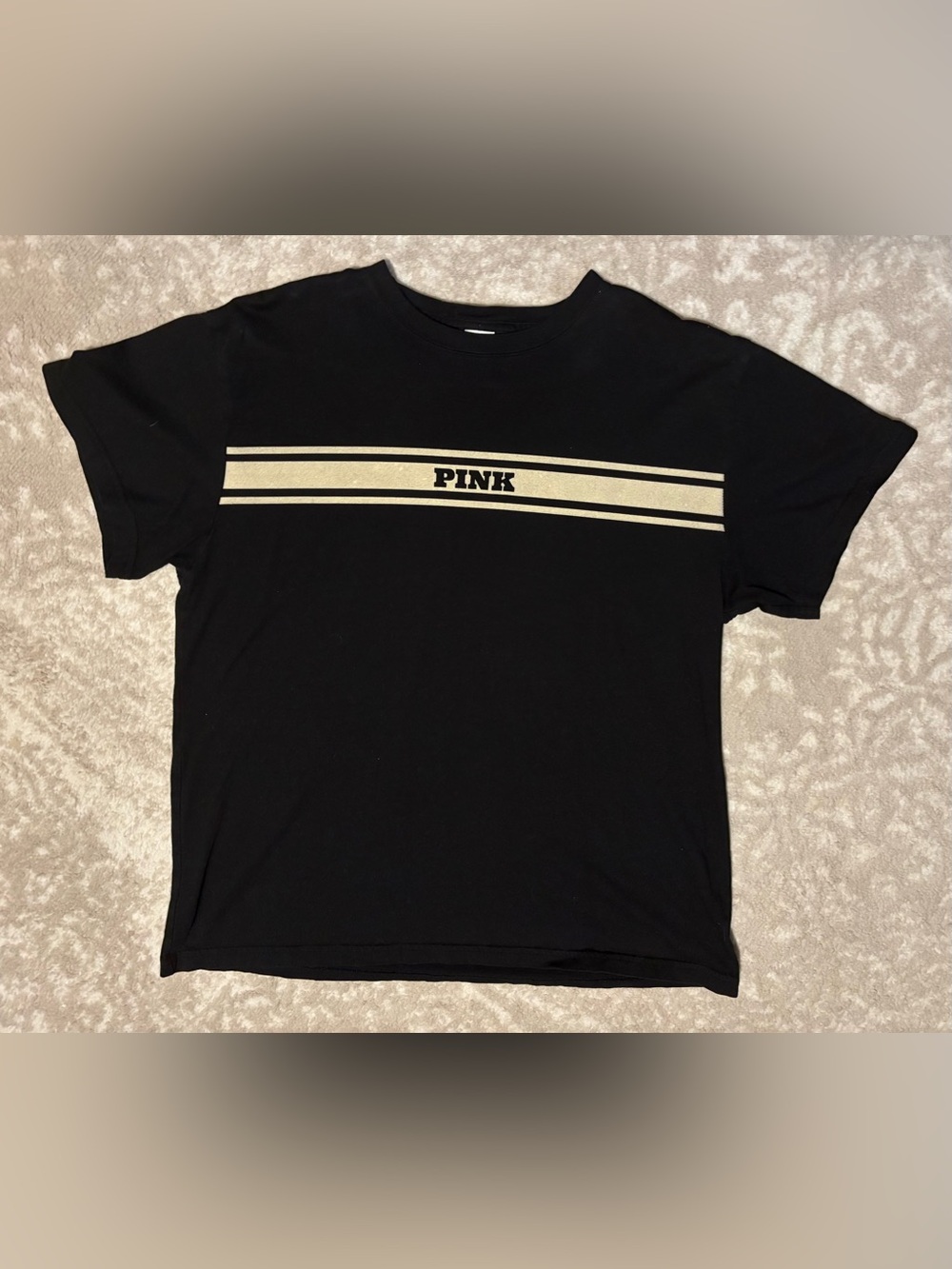 PINK Victoria's Secret - Short Sleeved Black Tee w/ Cream Velour Logo Stripes